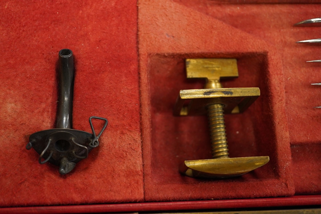 A 19th century surgeon’s set signed Mon. Charriere, Collin & Cie., Paris, in a fitted mahogany case, comprising of steel surgeons instruments; knives, scalpels, scoops, tourniquet, saws, rasps, some instruments stamped w